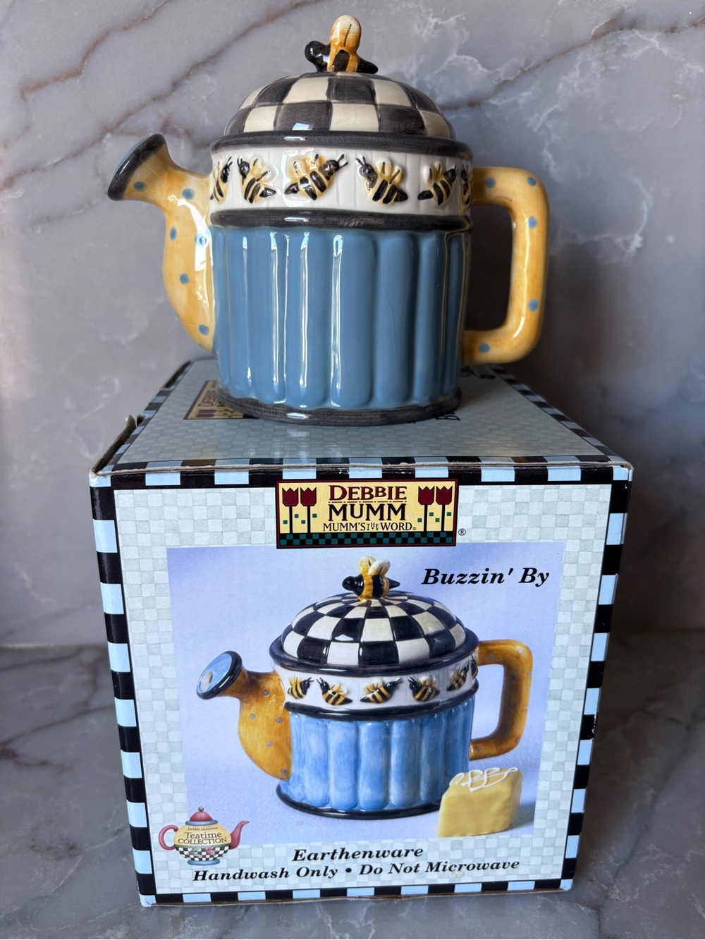 Debbie Mumm Buzzin' By Blue & Yellow Ceramic Teapot